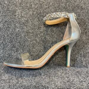 Betsey Johnson Womens 8.5 Drew Leather Silver Embellished Rhinestone Heels Shoes